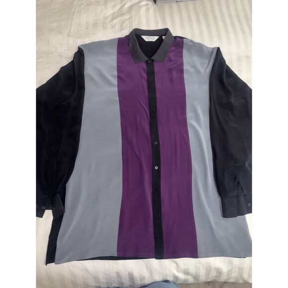 VINTAGE MENS GENELLI STRIPE SILK SHIRT XLT Purple Black Gray